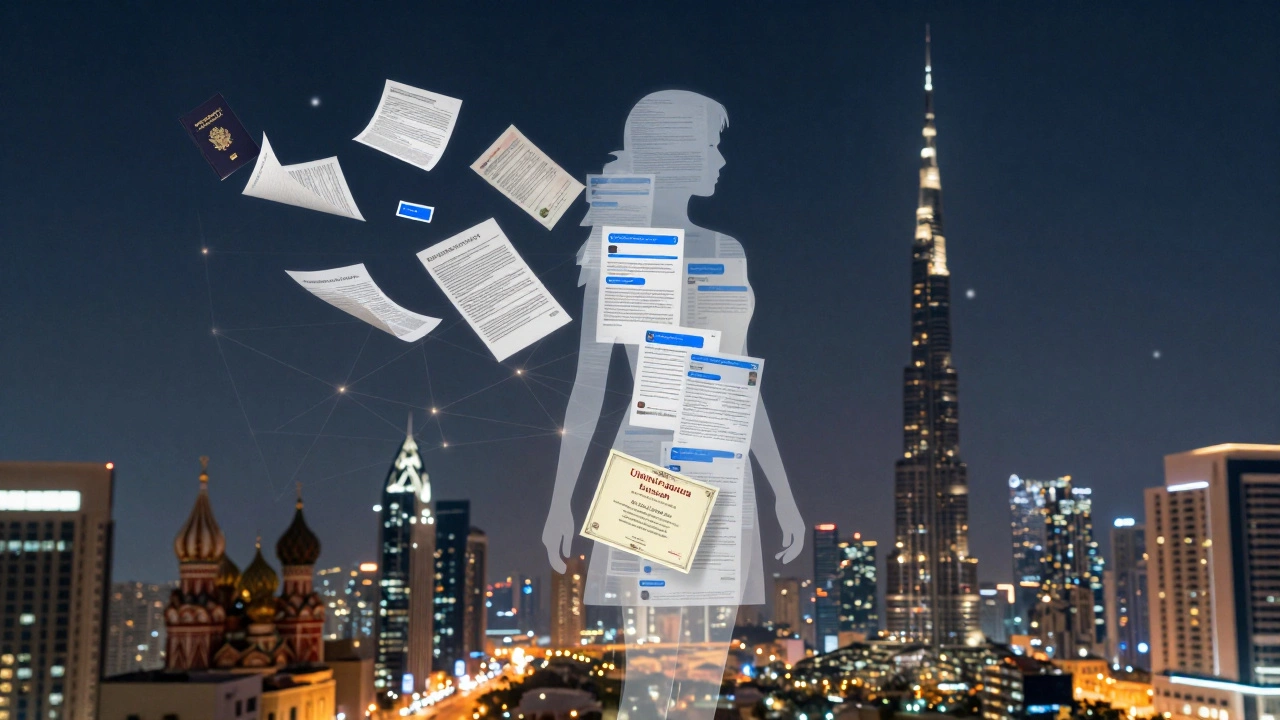 A transparent silhouette of a woman made of documents floats above Dubai, symbolizing migration, autonomy, and hidden networks.
