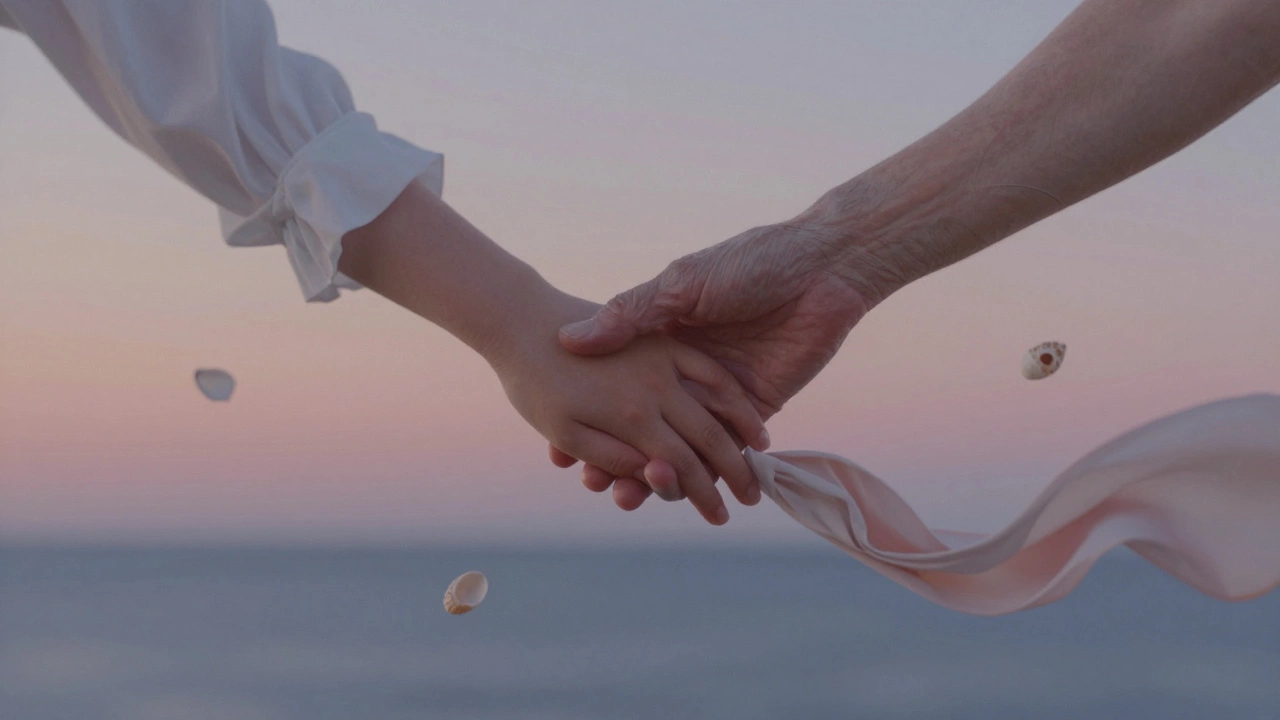 Two hands, small and adult, gently intertwined in a dreamy twilight sky filled with floating scarves and shells.